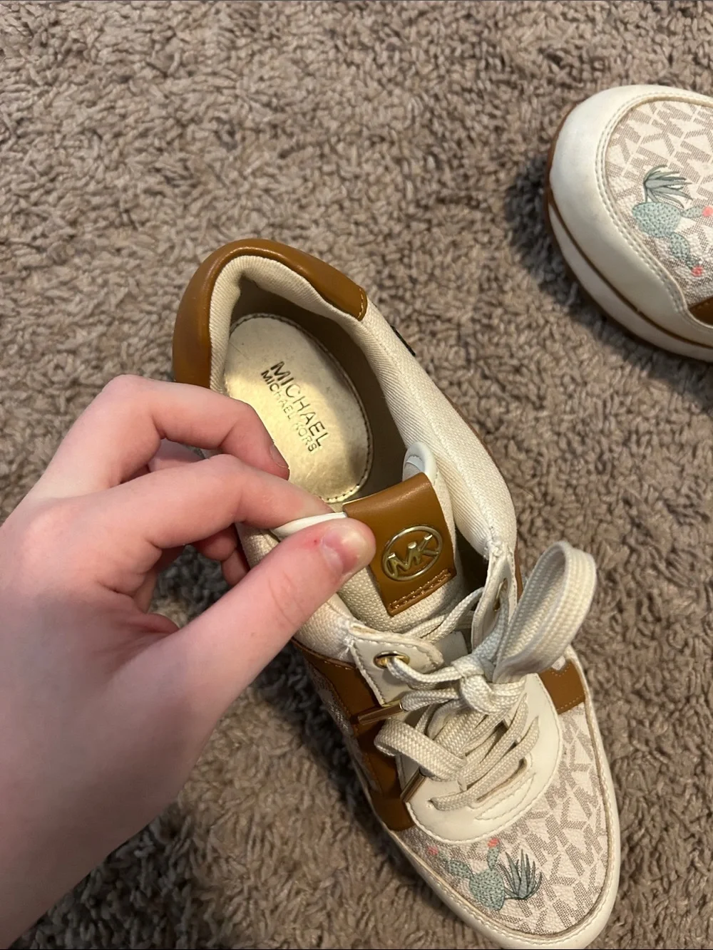 Michael Kors Cream & Brown Logo Sneakers with Floral Accents